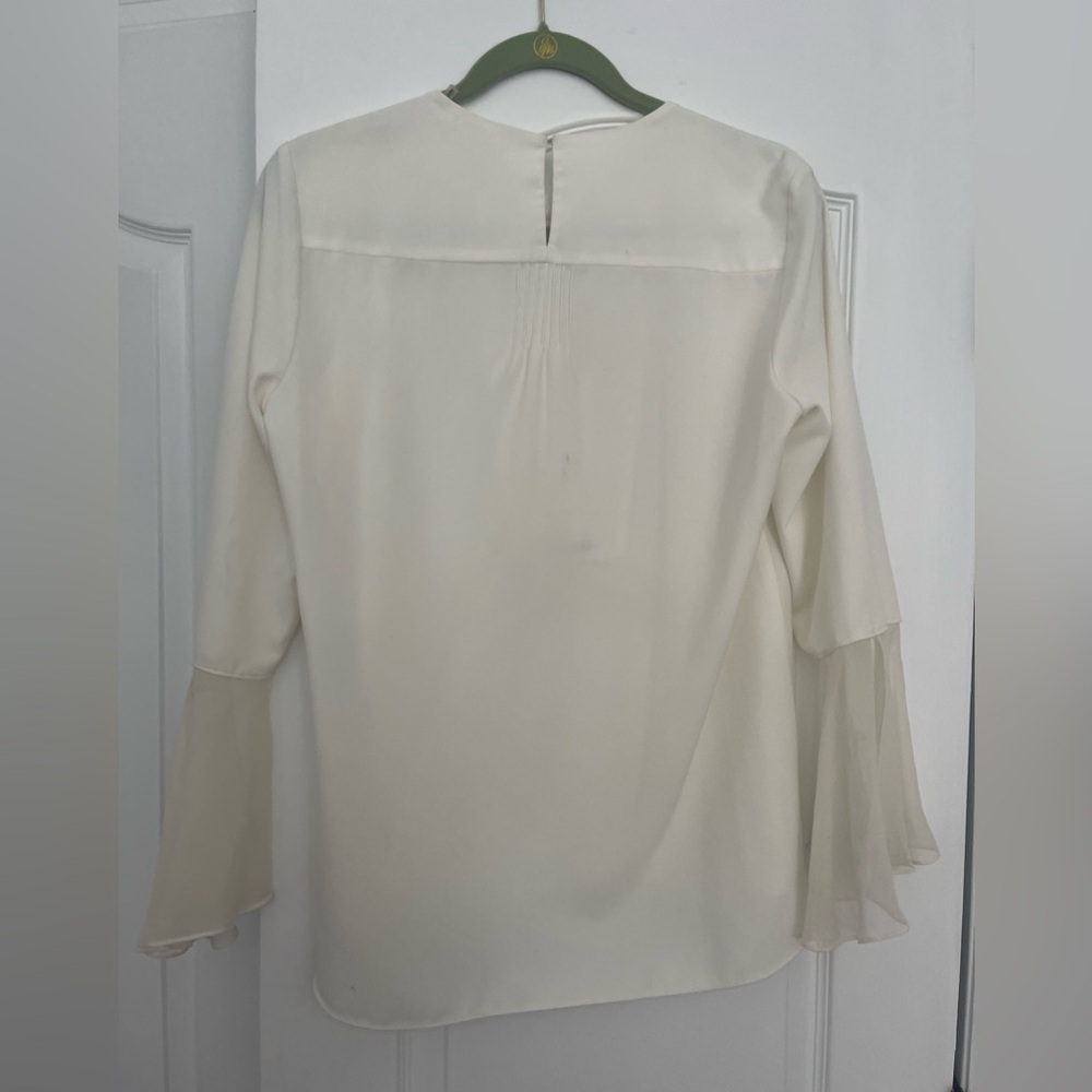 Elie Tahari Owen Cream Silk Chiffon Trim Pleated Blouse Bell Sleeve Top - Picture 5 of 6